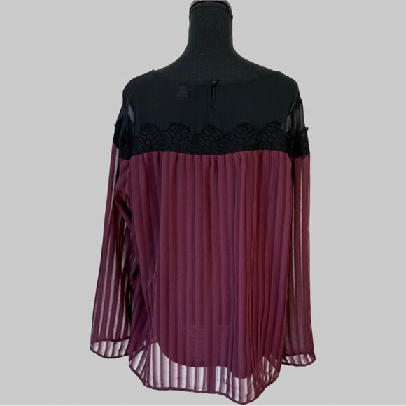 Torrid Black Purple Pleated Chiffon Lace Applique Bell Sleeve Blouse - Picture 6 of 16